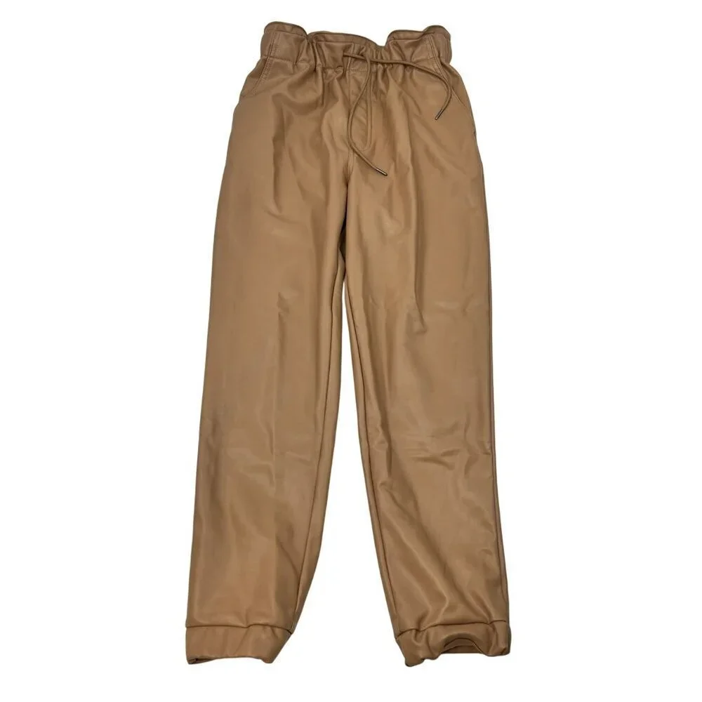 Abercrombie & Fitch Womens Faux Leather Dress Pants Tapered Drawstring Tan Small
